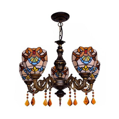Bowl Chandelier Retro Style Stained Glass 5 Lights Hanging Pendant with Crystal for Bedroom Clearhalo 'Ceiling Lights' 'Chandeliers' 'Industrial' 'Middle Century Chandeliers' 'Tiffany Chandeliers' 'Tiffany close to ceiling' 'Tiffany' Lighting' 100493