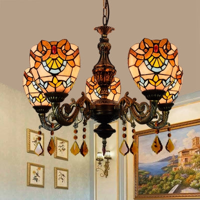 Bowl Chandelier Retro Style Stained Glass 5 Lights Hanging Pendant with Crystal for Bedroom Beige Clearhalo 'Ceiling Lights' 'Chandeliers' 'Industrial' 'Middle Century Chandeliers' 'Tiffany Chandeliers' 'Tiffany close to ceiling' 'Tiffany' Lighting' 100494