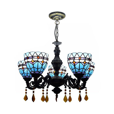 Domed Chandelier Light Retro Style Stained Glass 5 Lights Tulip Hanging Light with Crystal in Blue Clearhalo 'Ceiling Lights' 'Chandeliers' 'Industrial' 'Middle Century Chandeliers' 'Tiffany Chandeliers' 'Tiffany close to ceiling' 'Tiffany' Lighting' 100496