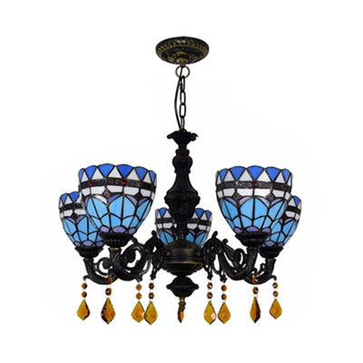 Domed Chandelier Light Retro Style Stained Glass 5 Lights Tulip Hanging Light with Crystal in Blue Clearhalo 'Ceiling Lights' 'Chandeliers' 'Industrial' 'Middle Century Chandeliers' 'Tiffany Chandeliers' 'Tiffany close to ceiling' 'Tiffany' Lighting' 100497