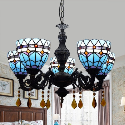 Domed Chandelier Light Retro Style Stained Glass 5 Lights Tulip Hanging Light with Crystal in Blue Blue Clearhalo 'Ceiling Lights' 'Chandeliers' 'Industrial' 'Middle Century Chandeliers' 'Tiffany Chandeliers' 'Tiffany close to ceiling' 'Tiffany' Lighting' 100498