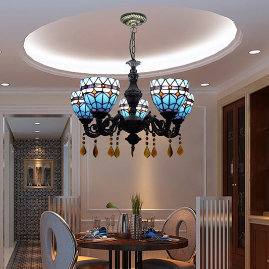 Domed Chandelier Light Retro Style Stained Glass 5 Lights Tulip Hanging Light with Crystal in Blue Clearhalo 'Ceiling Lights' 'Chandeliers' 'Industrial' 'Middle Century Chandeliers' 'Tiffany Chandeliers' 'Tiffany close to ceiling' 'Tiffany' Lighting' 100499