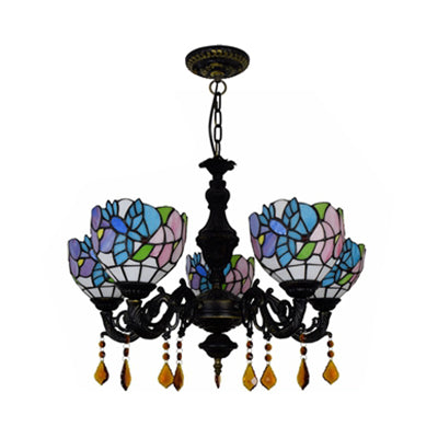 Country Scalloped Hanging Light Stained Glass 5 Heads Multicolored Chandelier for Living Room Clearhalo 'Ceiling Lights' 'Chandeliers' 'Industrial' 'Middle Century Chandeliers' 'Tiffany Chandeliers' 'Tiffany close to ceiling' 'Tiffany' Lighting' 100502