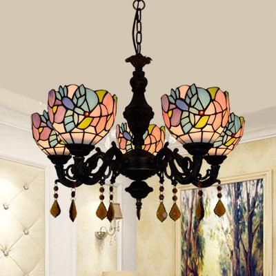 Country Scalloped Hanging Light Stained Glass 5 Heads Multicolored Chandelier for Living Room Blue-Pink Clearhalo 'Ceiling Lights' 'Chandeliers' 'Industrial' 'Middle Century Chandeliers' 'Tiffany Chandeliers' 'Tiffany close to ceiling' 'Tiffany' Lighting' 100503