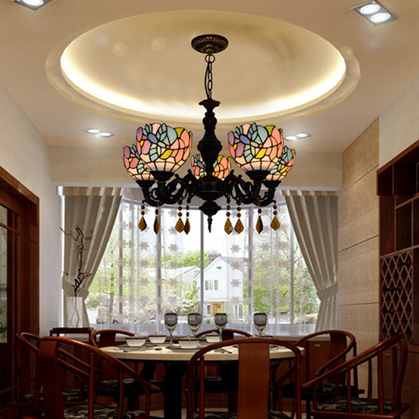 Country Scalloped Hanging Light Stained Glass 5 Heads Multicolored Chandelier for Living Room Clearhalo 'Ceiling Lights' 'Chandeliers' 'Industrial' 'Middle Century Chandeliers' 'Tiffany Chandeliers' 'Tiffany close to ceiling' 'Tiffany' Lighting' 100504