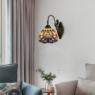 Victorian Dome Wall Light Fixture Art Glass 1 Light Wall Sconce Light with Mermaid for Corridor in White-Purple White-Purple Clearhalo 'Industrial' 'Middle century wall lights' 'Tiffany wall lights' 'Tiffany' 'Wall Lamps & Sconces' 'Wall Lights' Lighting' 100508