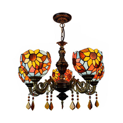 Lodge Dome Hanging Light Stained Glass 5 Heads Sunflower Chandelier with Crystal for Living Room Clearhalo 'Ceiling Lights' 'Chandeliers' 'Industrial' 'Middle Century Chandeliers' 'Tiffany Chandeliers' 'Tiffany close to ceiling' 'Tiffany' Lighting' 100510