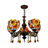 Lodge Dome Hanging Light Stained Glass 5 Heads Sunflower Chandelier with Crystal for Living Room Clearhalo 'Ceiling Lights' 'Chandeliers' 'Industrial' 'Middle Century Chandeliers' 'Tiffany Chandeliers' 'Tiffany close to ceiling' 'Tiffany' Lighting' 100510