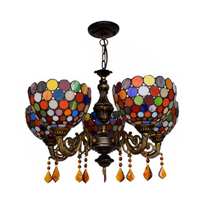Retro Style Bowl Hanging Lamp Stained Glass 5 Heads Decorative Chandelier for Dining Room Clearhalo 'Ceiling Lights' 'Chandeliers' 'Industrial' 'Middle Century Chandeliers' 'Tiffany Chandeliers' 'Tiffany close to ceiling' 'Tiffany' Lighting' 100515