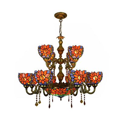 Country Bowl Hanging Light Stained Glass 15 Heads Chandelier in Orange Blue for Living Room Clearhalo 'Ceiling Lights' 'Chandeliers' 'Industrial' 'Middle Century Chandeliers' 'Tiffany Chandeliers' 'Tiffany close to ceiling' 'Tiffany' Lighting' 100519