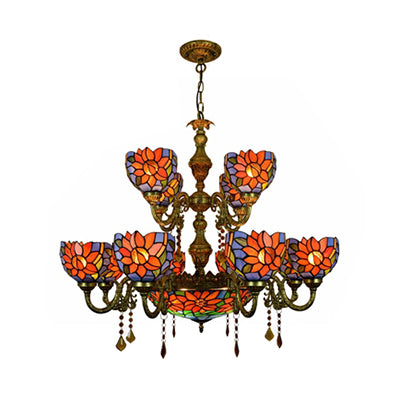 Country Bowl Hanging Light Stained Glass 15 Heads Chandelier in Orange Blue for Living Room Clearhalo 'Ceiling Lights' 'Chandeliers' 'Industrial' 'Middle Century Chandeliers' 'Tiffany Chandeliers' 'Tiffany close to ceiling' 'Tiffany' Lighting' 100519