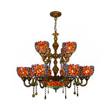 Country Bowl Hanging Light Stained Glass 15 Heads Chandelier in Orange Blue for Living Room Clearhalo 'Ceiling Lights' 'Chandeliers' 'Industrial' 'Middle Century Chandeliers' 'Tiffany Chandeliers' 'Tiffany close to ceiling' 'Tiffany' Lighting' 100519