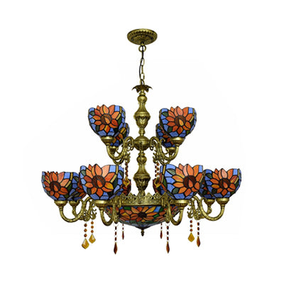 Country Bowl Hanging Light Stained Glass 15 Heads Chandelier in Orange Blue for Living Room Clearhalo 'Ceiling Lights' 'Chandeliers' 'Industrial' 'Middle Century Chandeliers' 'Tiffany Chandeliers' 'Tiffany close to ceiling' 'Tiffany' Lighting' 100520