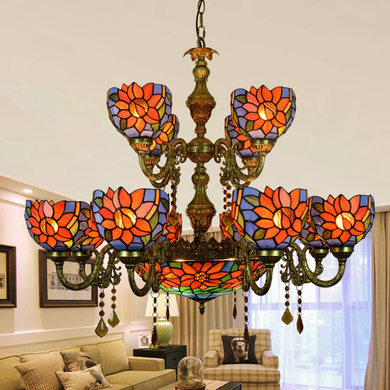 Country Bowl Hanging Light Stained Glass 15 Heads Chandelier in Orange Blue for Living Room Orange-Blue Clearhalo 'Ceiling Lights' 'Chandeliers' 'Industrial' 'Middle Century Chandeliers' 'Tiffany Chandeliers' 'Tiffany close to ceiling' 'Tiffany' Lighting' 100521