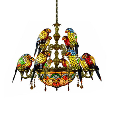 12 Arms Parrot Suspension Light Rustic Stained Glass Chandelier Light with Center Bowl in Yellow Clearhalo 'Ceiling Lights' 'Chandeliers' 'Industrial' 'Middle Century Chandeliers' 'Tiffany Chandeliers' 'Tiffany close to ceiling' 'Tiffany' Lighting' 100523