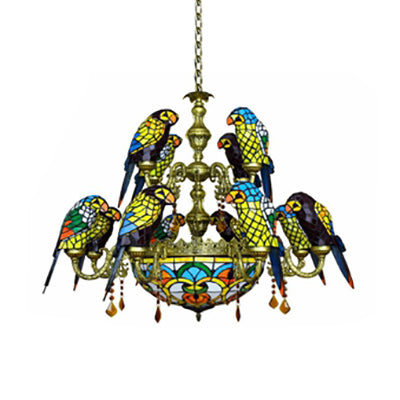 12 Arms Parrot Suspension Light Rustic Stained Glass Chandelier Light with Center Bowl in Yellow Clearhalo 'Ceiling Lights' 'Chandeliers' 'Industrial' 'Middle Century Chandeliers' 'Tiffany Chandeliers' 'Tiffany close to ceiling' 'Tiffany' Lighting' 100524