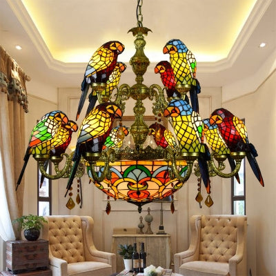 12 Arms Parrot Suspension Light Rustic Stained Glass Chandelier Light with Center Bowl in Yellow Yellow Clearhalo 'Ceiling Lights' 'Chandeliers' 'Industrial' 'Middle Century Chandeliers' 'Tiffany Chandeliers' 'Tiffany close to ceiling' 'Tiffany' Lighting' 100525