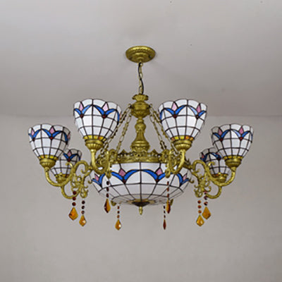 9 Lights Bowl Suspension Light Rustic Stained Glass Tulip Chandelier Light with Crystal in White for Bedroom Clearhalo 'Ceiling Lights' 'Chandeliers' 'Industrial' 'Middle Century Chandeliers' 'Tiffany Chandeliers' 'Tiffany close to ceiling' 'Tiffany' Lighting' 100528