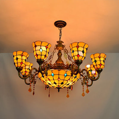 8 Arms Bell Suspension Light Rustic Stained Glass Chandelier Light with Center Bowl in Yellow for Villa Yellow Clearhalo 'Ceiling Lights' 'Chandeliers' 'Industrial' 'Middle Century Chandeliers' 'Tiffany Chandeliers' 'Tiffany close to ceiling' 'Tiffany' Lighting' 100539