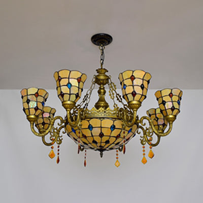 8 Arms Bell Suspension Light Rustic Stained Glass Chandelier Light with Center Bowl in Yellow for Villa Clearhalo 'Ceiling Lights' 'Chandeliers' 'Industrial' 'Middle Century Chandeliers' 'Tiffany Chandeliers' 'Tiffany close to ceiling' 'Tiffany' Lighting' 100540