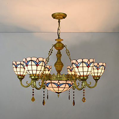 Country Bowl Hanging Pendant Stained Glass 7 Heads Tulip Chandelier in Brass Finish for Living Room Clearhalo 'Ceiling Lights' 'Chandeliers' 'Close To Ceiling Lights' 'Industrial' 'Middle Century Chandeliers' 'Tiffany Chandeliers' 'Tiffany close to ceiling' 'Tiffany' Lighting' 100542