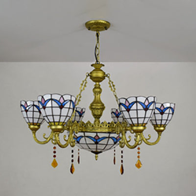 Country Bowl Hanging Pendant Stained Glass 7 Heads Tulip Chandelier in Brass Finish for Living Room Clearhalo 'Ceiling Lights' 'Chandeliers' 'Close To Ceiling Lights' 'Industrial' 'Middle Century Chandeliers' 'Tiffany Chandeliers' 'Tiffany close to ceiling' 'Tiffany' Lighting' 100543