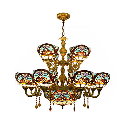 Rustic Bowl Inverted Chandelier Stained Glass 15 Heads Two-Tier Chandelier in Blue for Living Room Blue Clearhalo 'Ceiling Lights' 'Chandeliers' 'Close To Ceiling Lights' 'Industrial' 'Middle Century Chandeliers' 'Tiffany Chandeliers' 'Tiffany close to ceiling' 'Tiffany' Lighting' 100546