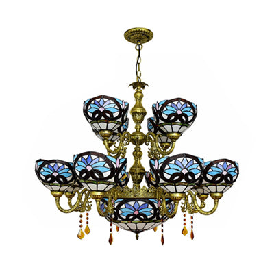 Rustic Bowl Inverted Chandelier Stained Glass 15 Heads Two-Tier Chandelier in Blue for Living Room Clearhalo 'Ceiling Lights' 'Chandeliers' 'Close To Ceiling Lights' 'Industrial' 'Middle Century Chandeliers' 'Tiffany Chandeliers' 'Tiffany close to ceiling' 'Tiffany' Lighting' 100547