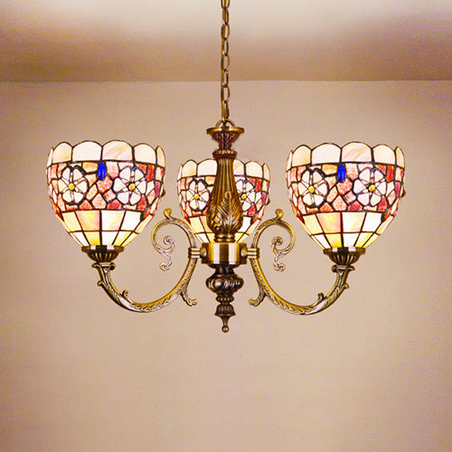 Bowl Chandelier Retro Style Stained Glass 3 Heads Flower Chandelier Light with Chain for Bedroom Lighting Clearhalo 'Ceiling Lights' 'Chandeliers' 'Industrial' 'Middle Century Chandeliers' 'Tiffany Chandeliers' 'Tiffany close to ceiling' 'Tiffany' Lighting' 100579