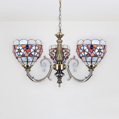 Bowl Chandelier Retro Style Stained Glass 3 Heads Flower Chandelier Light with Chain for Bedroom Lighting Clearhalo 'Ceiling Lights' 'Chandeliers' 'Industrial' 'Middle Century Chandeliers' 'Tiffany Chandeliers' 'Tiffany close to ceiling' 'Tiffany' Lighting' 100580