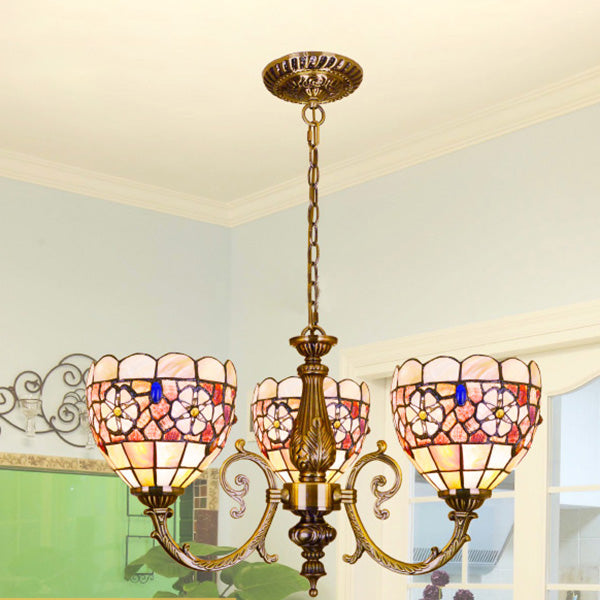 Bowl Chandelier Retro Style Stained Glass 3 Heads Flower Chandelier Light with Chain for Bedroom Lighting Beige Clearhalo 'Ceiling Lights' 'Chandeliers' 'Industrial' 'Middle Century Chandeliers' 'Tiffany Chandeliers' 'Tiffany close to ceiling' 'Tiffany' Lighting' 100581