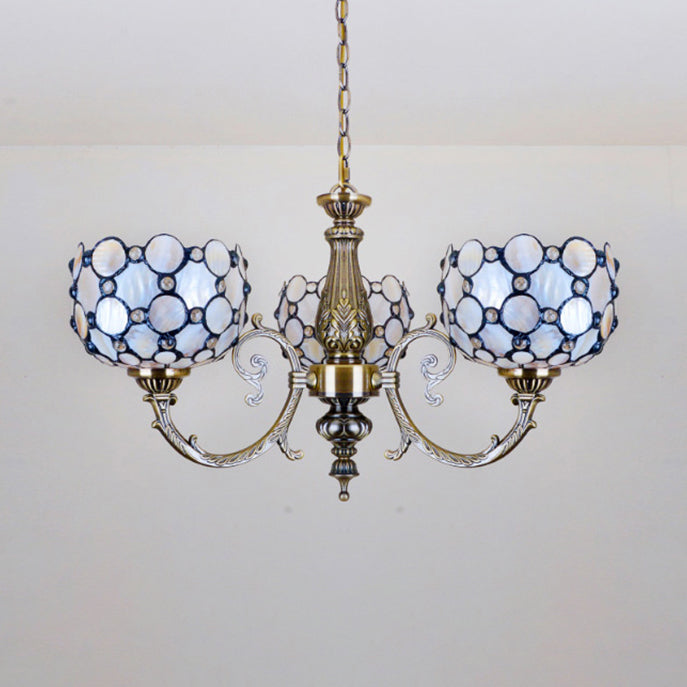Tiffany Style Bowl Suspension Stained Glass 3 Lights Inverted Chandelier in White for Living Room Clearhalo 'Ceiling Lights' 'Chandeliers' 'Close To Ceiling Lights' 'Industrial' 'Middle Century Chandeliers' 'Tiffany Chandeliers' 'Tiffany close to ceiling' 'Tiffany' Lighting' 100600