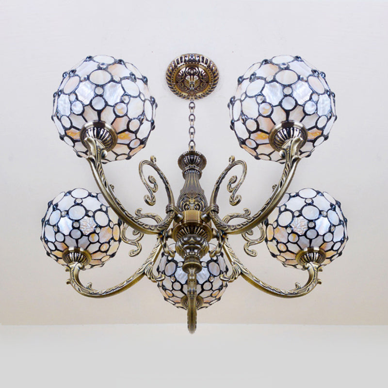 Lodge Bowl-Shaped Hanging Pendant Stained Glass 5 Lights Chandelier with Chain in White Clearhalo 'Ceiling Lights' 'Chandeliers' 'Close To Ceiling Lights' 'Industrial' 'Middle Century Chandeliers' 'Tiffany Chandeliers' 'Tiffany close to ceiling' 'Tiffany' Lighting' 100607