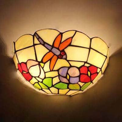 Country Style Bowl Wall Light with Dragonfly and Flower 2 Lights Art Glass Wall Sconce for Bedroom Beige Clearhalo 'Industrial' 'Middle century wall lights' 'Tiffany wall lights' 'Tiffany' 'Wall Lamps & Sconces' 'Wall Lights' Lighting' 100640