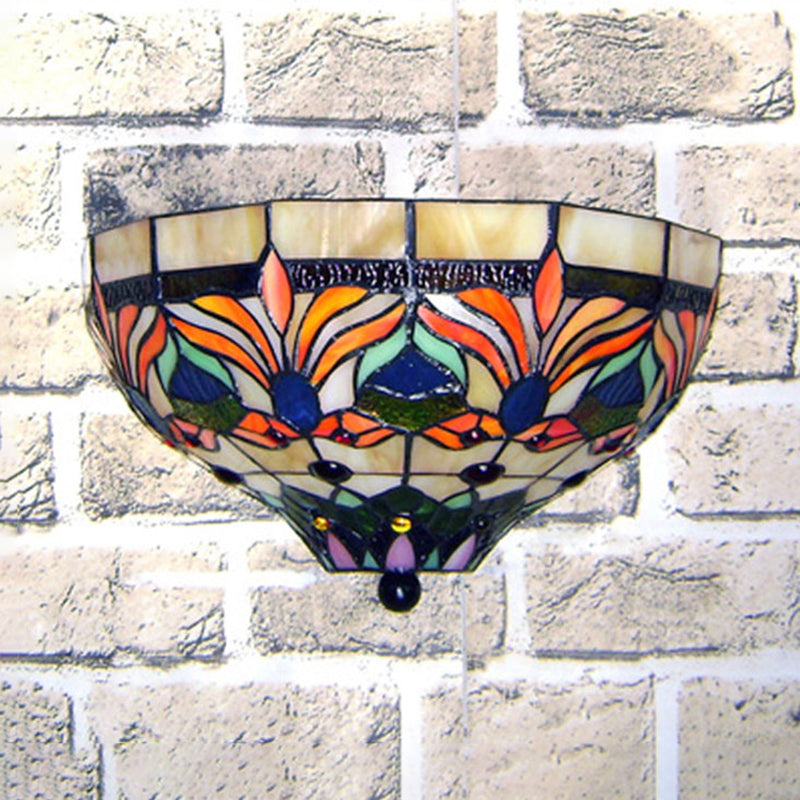Stained Glass Bowl Wall Lamp with Flower Design 1 Bulb Tiffany Wall Sconce Light for Corridor Orange-Yellow Clearhalo 'Industrial' 'Middle century wall lights' 'Tiffany wall lights' 'Tiffany' 'Wall Lamps & Sconces' 'Wall Lights' Lighting' 100685