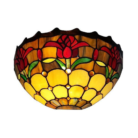 Rustic Tulip Wall Sconce Light with Stained Glass Bowl Shade 1 Light Wall Light for Foyer Tan Clearhalo 'Industrial' 'Middle century wall lights' 'Tiffany wall lights' 'Tiffany' 'Wall Lamps & Sconces' 'Wall Lights' Lighting' 100704