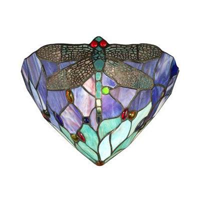 Dragonfly Wall Sconce Lighting Loft Style 1 Head Stained Glass Wall Mount Light in Purple and Green Purple-Green Clearhalo 'Industrial' 'Middle century wall lights' 'Tiffany wall lights' 'Tiffany' 'Wall Lamps & Sconces' 'Wall Lights' Lighting' 100706