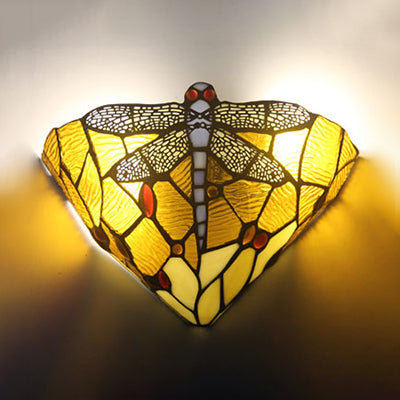 1 Light Dragonfly Decoration Wall Lighting Rustic Stained Glass 1 Light Art Deco Sconce Lamp Tan Clearhalo 'Industrial' 'Middle century wall lights' 'Tiffany wall lights' 'Tiffany' 'Wall Lamps & Sconces' 'Wall Lights' Lighting' 100709