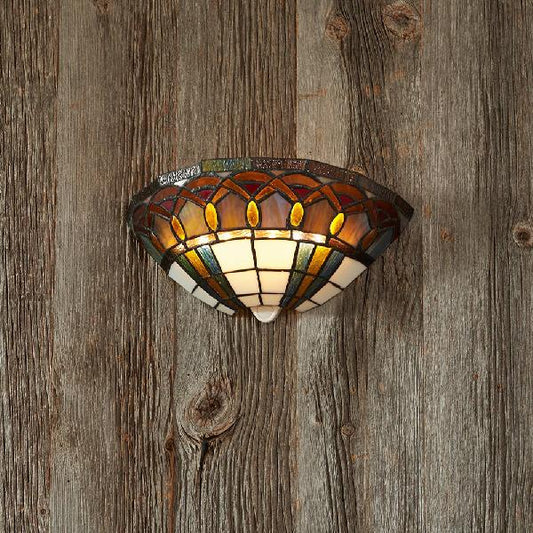 Tiffany Bowl Wall Mount Light Stained Glass 1 Light Wall Sconce with Jewelry Decoration White-Brown Clearhalo 'Industrial' 'Middle century wall lights' 'Tiffany wall lights' 'Tiffany' 'Wall Lamps & Sconces' 'Wall Lights' Lighting' 100762