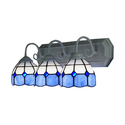 Grid Patterned Wall Light Fixture 3 Heads Blue-White Glass Tiffany Sconce Light for Living Room