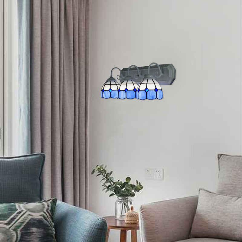 Grid Patterned Wall Light Fixture 3 Heads Blue-White Glass Tiffany Sconce Light for Living Room Blue-White Clearhalo 'Industrial' 'Middle century wall lights' 'Tiffany wall lights' 'Tiffany' 'Wall Lamps & Sconces' 'Wall Lights' Lighting' 100773