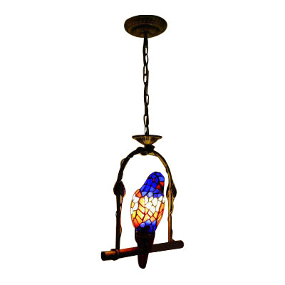 Blue 1 Light Suspended Light Tiffany Style Stained Glass Parrot Ceiling Pendant with Perch Swing Clearhalo 'Ceiling Lights' 'Industrial' 'Middle Century Pendants' 'Pendant Lights' 'Pendants' 'Tiffany close to ceiling' 'Tiffany Pendants' 'Tiffany' Lighting' 100795