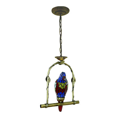 Blue 1 Light Suspended Light Tiffany Style Stained Glass Parrot Ceiling Pendant with Perch Swing Clearhalo 'Ceiling Lights' 'Industrial' 'Middle Century Pendants' 'Pendant Lights' 'Pendants' 'Tiffany close to ceiling' 'Tiffany Pendants' 'Tiffany' Lighting' 100796