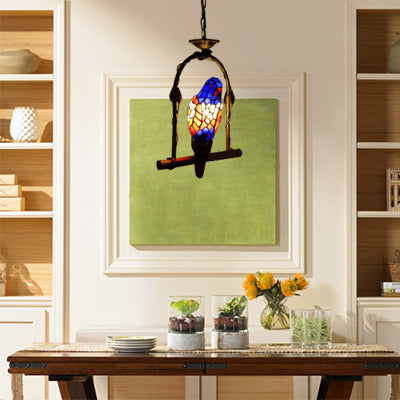 Blue 1 Light Suspended Light Tiffany Style Stained Glass Parrot Ceiling Pendant with Perch Swing Blue Clearhalo 'Ceiling Lights' 'Industrial' 'Middle Century Pendants' 'Pendant Lights' 'Pendants' 'Tiffany close to ceiling' 'Tiffany Pendants' 'Tiffany' Lighting' 100797