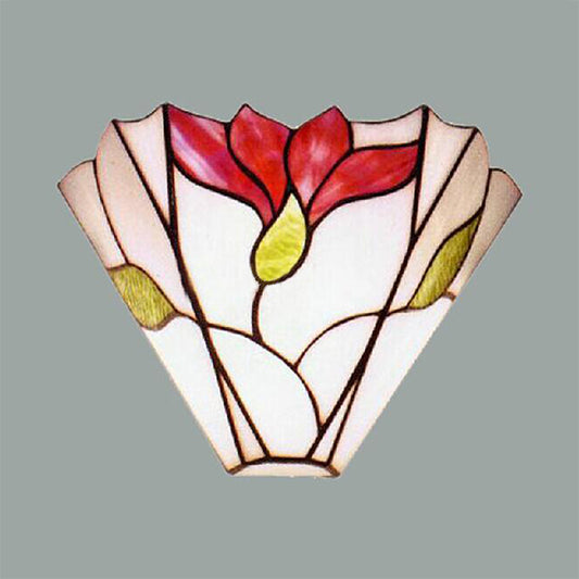 Geometric Wall Light with Flower Pattern Loft Stained Glass Wall Sconce Lighting for Bedroom Red-White Clearhalo 'Industrial' 'Middle century wall lights' 'Tiffany wall lights' 'Tiffany' 'Wall Lamps & Sconces' 'Wall Lights' Lighting' 100815
