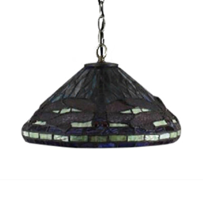 1 Head Dragonfly Hanging Lamp Tiffany-Style Black Stained Glass Pendant Light Kit for Living Room Clearhalo 'Ceiling Lights' 'Close To Ceiling Lights' 'Industrial' 'Middle Century Pendants' 'Pendant Lights' 'Pendants' 'Tiffany close to ceiling' 'Tiffany Pendants' 'Tiffany' Lighting' 100826