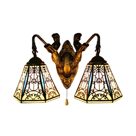 Flared Sconce Light Baroque Black-White Glass 2 Heads Antique Brass Wall Mount Light with Pull Chain Clearhalo 'Industrial' 'Middle century wall lights' 'Tiffany wall lights' 'Tiffany' 'Wall Lamps & Sconces' 'Wall Lights' Lighting' 100841