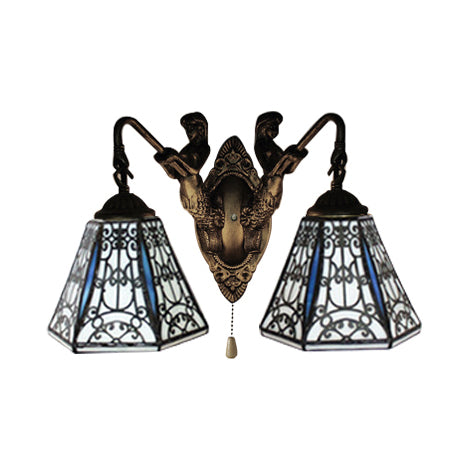 Flared Sconce Light Baroque Black-White Glass 2 Heads Antique Brass Wall Mount Light with Pull Chain Clearhalo 'Industrial' 'Middle century wall lights' 'Tiffany wall lights' 'Tiffany' 'Wall Lamps & Sconces' 'Wall Lights' Lighting' 100842