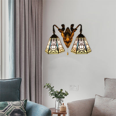 Flared Sconce Light Baroque Black-White Glass 2 Heads Antique Brass Wall Mount Light with Pull Chain Black-White Clearhalo 'Industrial' 'Middle century wall lights' 'Tiffany wall lights' 'Tiffany' 'Wall Lamps & Sconces' 'Wall Lights' Lighting' 100843