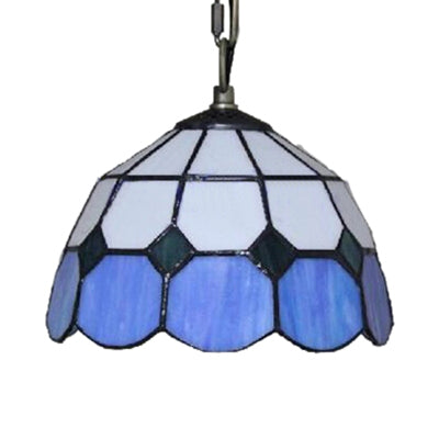 Bowl Pendant Light Single Bulb Stained Glass Tiffany-Style Hanging Lamp in Blue and White Clearhalo 'Ceiling Lights' 'Chandeliers' 'Industrial' 'Middle Century Pendants' 'Pendant Lights' 'Pendants' 'Tiffany close to ceiling' 'Tiffany Pendants' 'Tiffany' Lighting' 100874